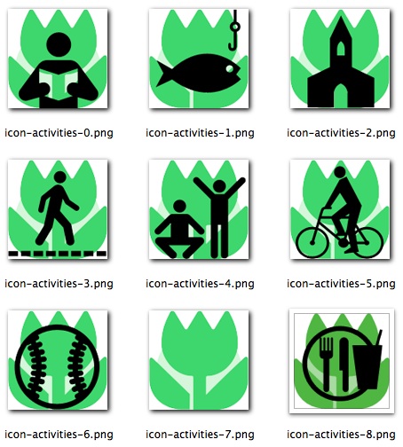 Some of the icons for the 'icon driven' interface used by care givers to document the care given. These icons represent a variety of activities that a resident might enjoy.