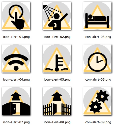Some of the icons for the 'icon driven' interface used by care givers to document the care given. These icons represent the different kind of alerts generated based on resident interaction.