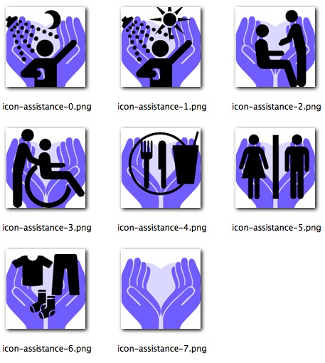 Some of the icons for the 'icon driven' interface used by care givers to document the care given. These icons represent the assistance services that might be offered by the care staff.
