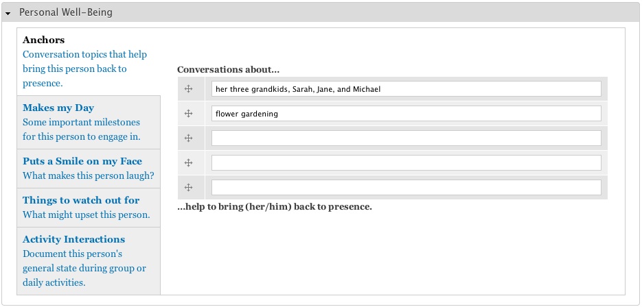 Screenshot of the MVP application, showing the structured data input for documenting a resident's personal preferences.