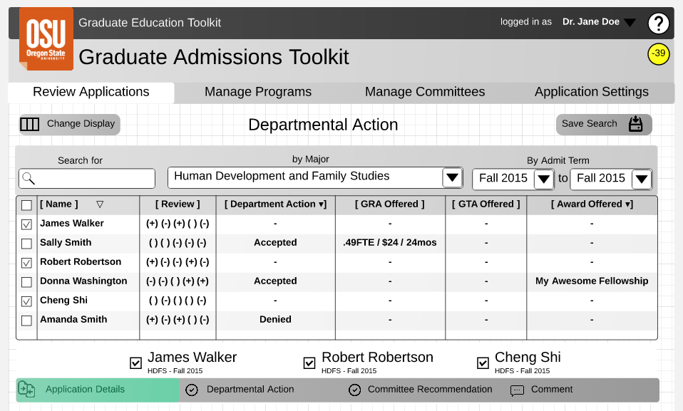 This wireframe outlines a novel interface used by program administrators to find and review graduate applicants. It makes use of a searchable, sortable, and configurable table whose state can be saved and restored by the user. It also shows that selected applicants in the table are displayed below the table for deeper comparison and review.