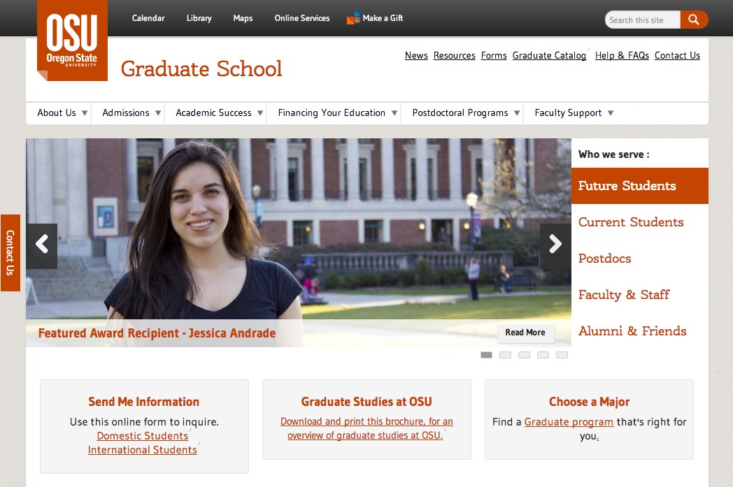 Graduate School home page, showing a novel approach to information architecture. The image carousel (and the 