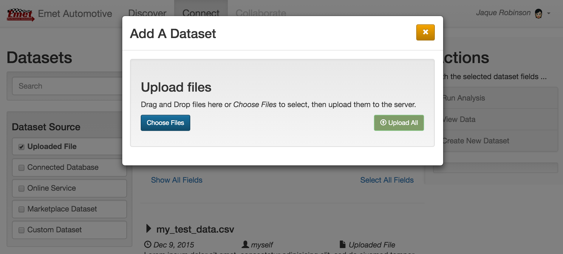 This screen shot of the MVP shows the upload interface for adding private company datasets.