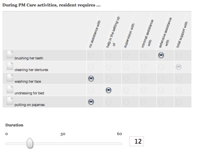 Screenshot of the MVP application, showing the structured data input for documenting a resident's care needs.